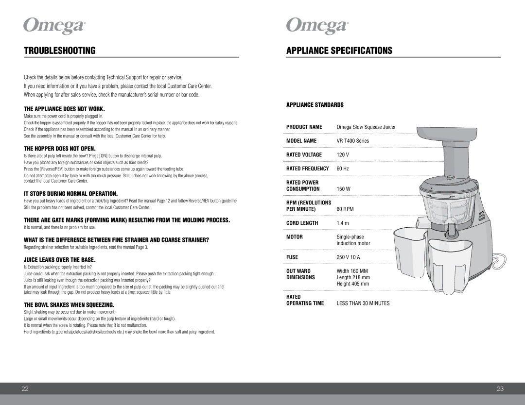 Omega VRT400 instruction manual Troubleshooting, Appliance Specifications 