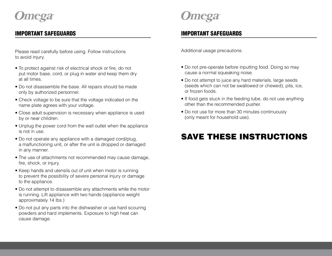 Omega VRT400 instruction manual Important Safeguards 