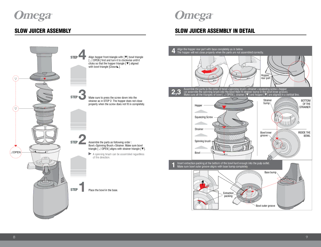 Omega VRT400 instruction manual Slow Juicer Assembly in Detail 