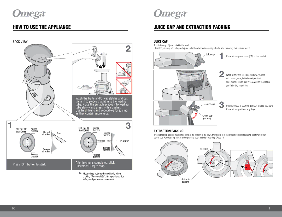 Omega VRT400 instruction manual HOW to USE the Appliance, Juice CAP and Extraction Packing, Back View 