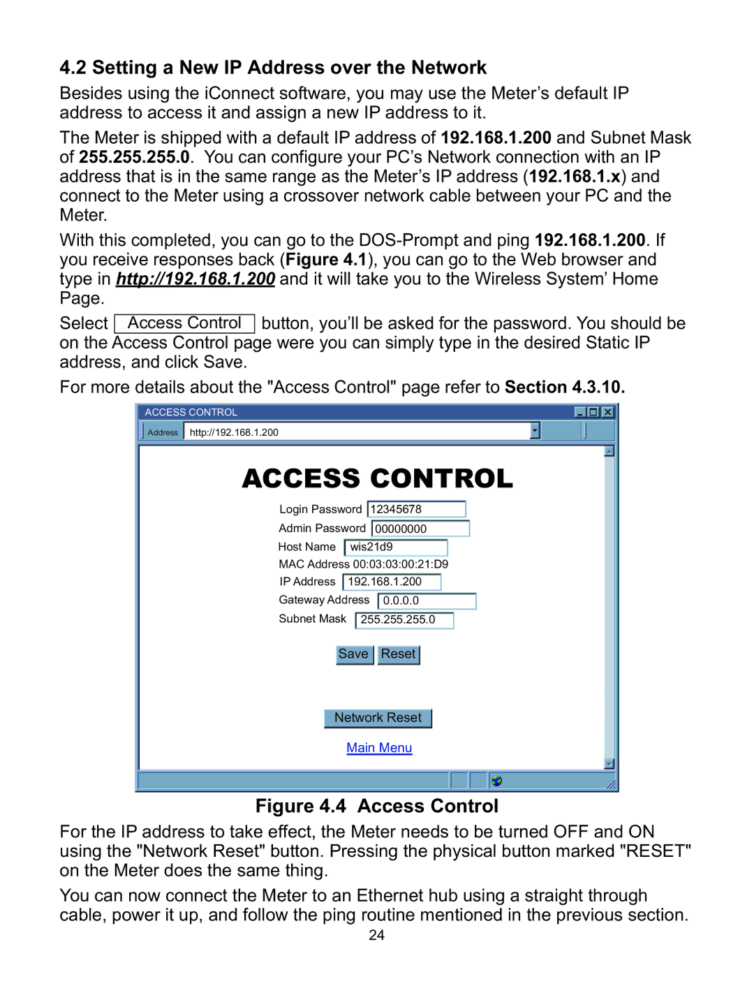 Omega WI8XX-U manual Setting a New IP Address over the Network, Access Control 