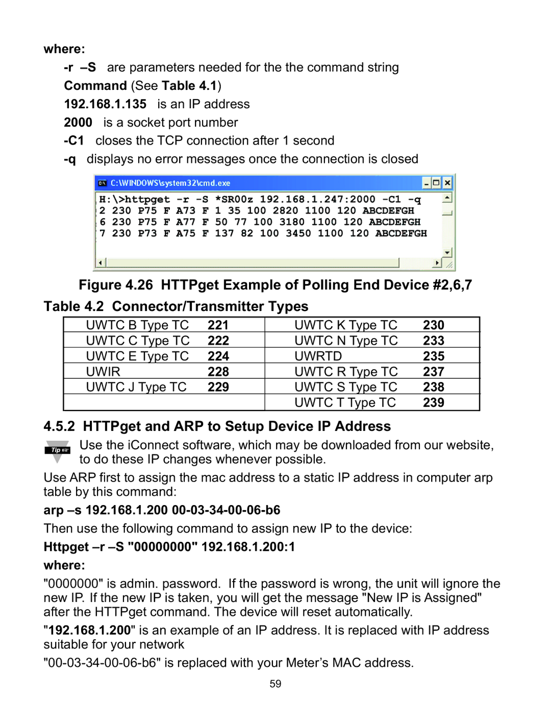 Omega WI8XX-U manual Connector/Transmitter Types, HTTPget and ARP to Setup Device IP Address 