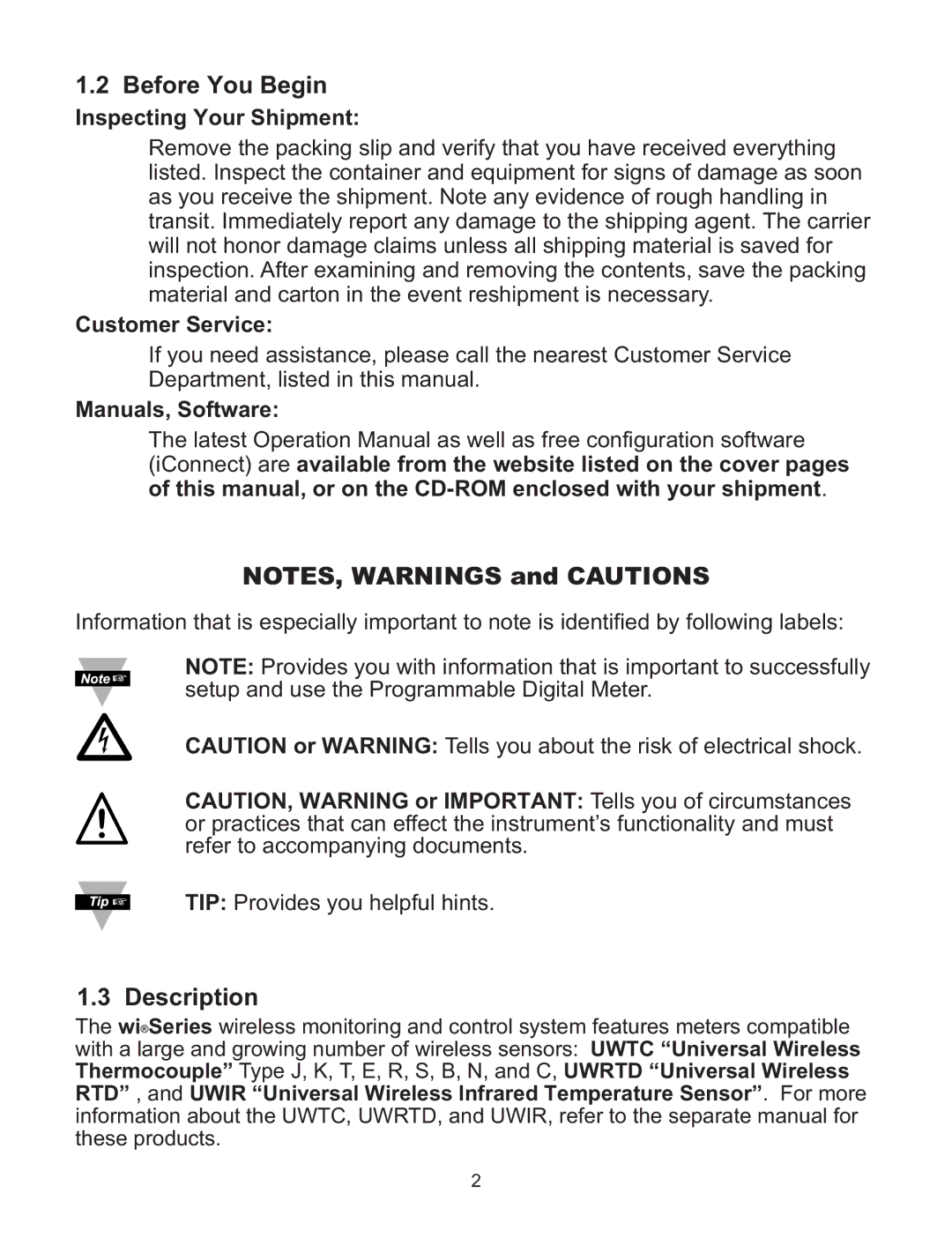 Omega WI8XX-U manual Before You Begin, Description, Inspecting Your Shipment, Customer Service, Manuals, Software 