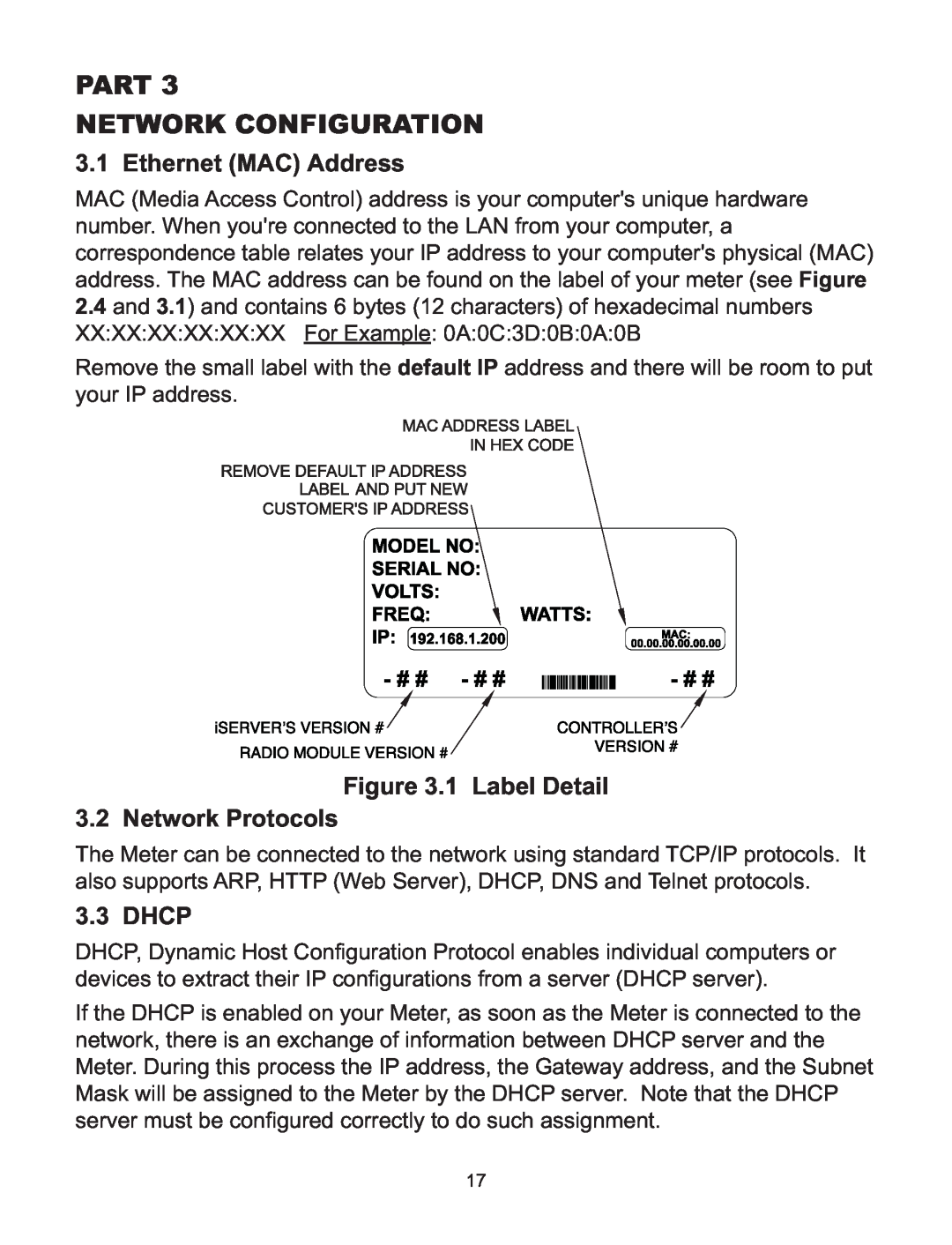 Omega WI8XX-U manual Part Network Configuration, Ethernet MAC Address, Network Protocols .1 Label Detail, Dhcp 