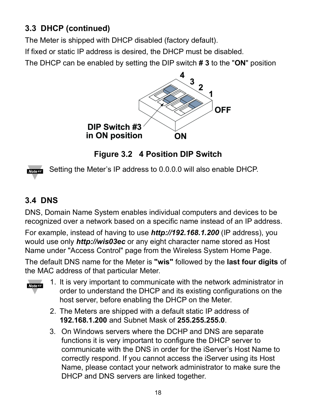 Omega WI8XX-U manual DHCP continued, 2 4 Position DIP Switch, 3.4 DNS 