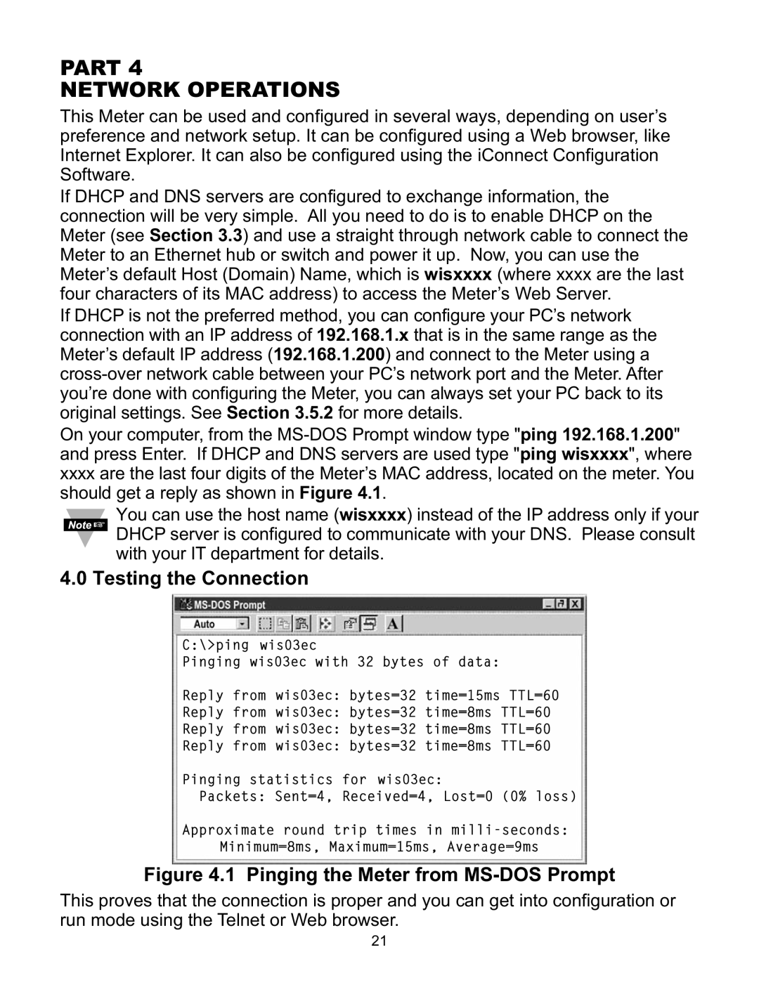 Omega WI8XX-U manual Part Network Operations, Testing the Connection, 1 Pinging the Meter from MS-DOS Prompt 