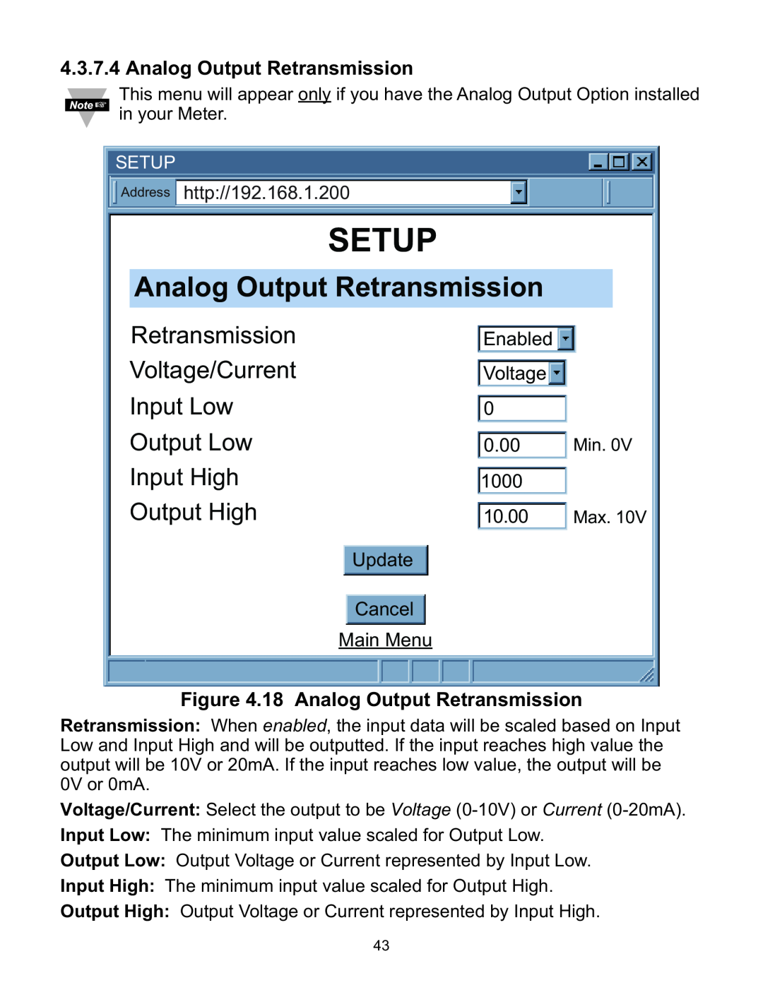 Omega WI8XX-U Analog Output Retransmission, Retransmission Voltage/Current Input Low Output Low Input High, Output High 