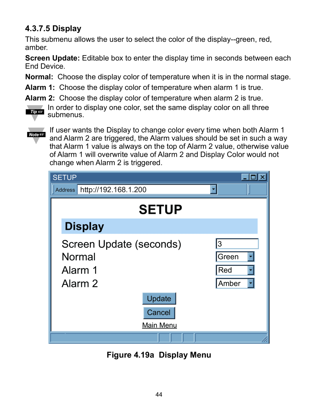 Omega WI8XX-U manual Setup, Screen Update seconds, Normal, Alarm, 19a Display Menu 