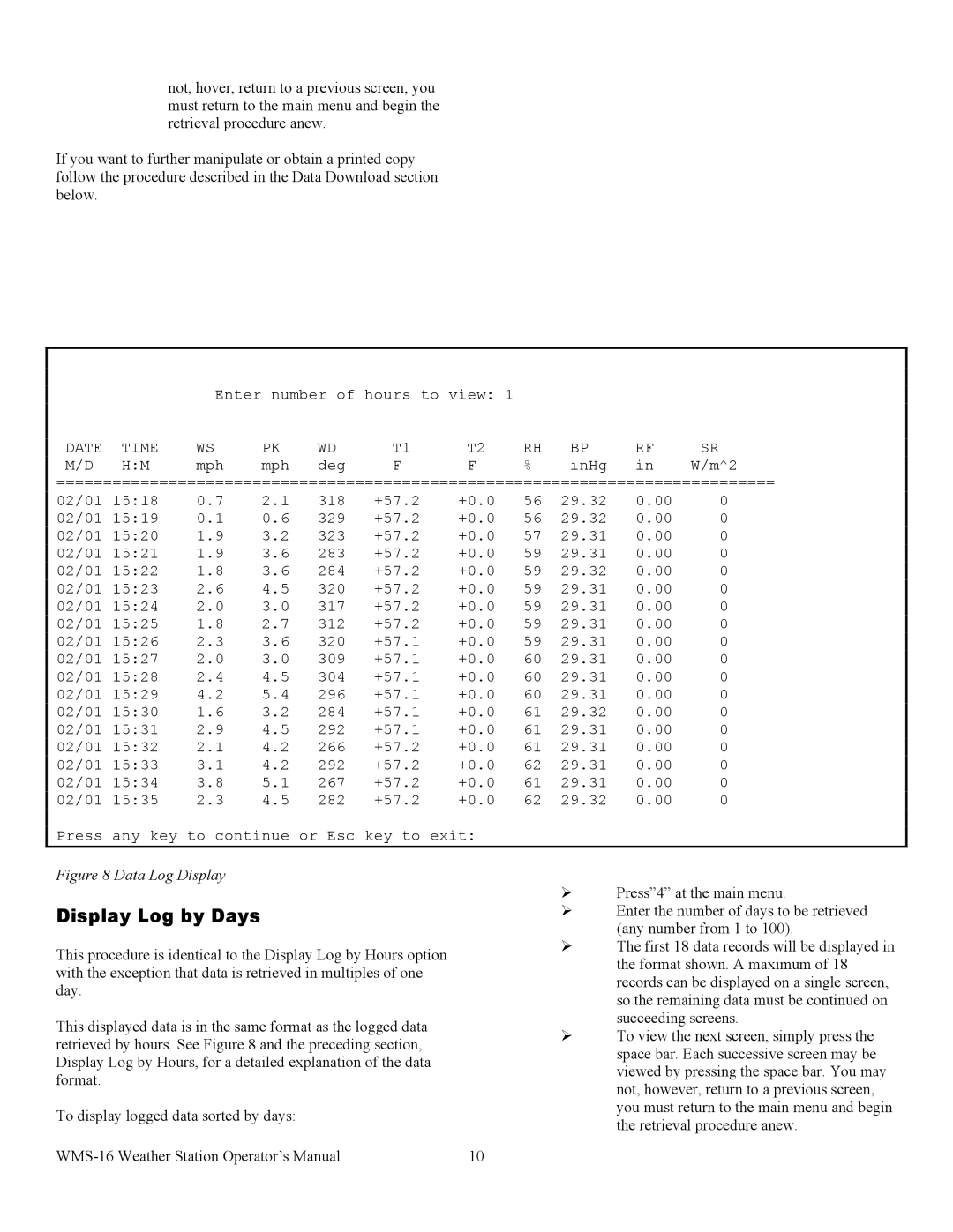 Omega WMS-16 manual Display Log by Days, Date Time 