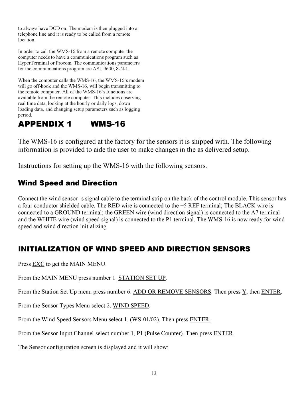 Omega manual Appendix 1 WMS-16, Wind Speed and Direction 