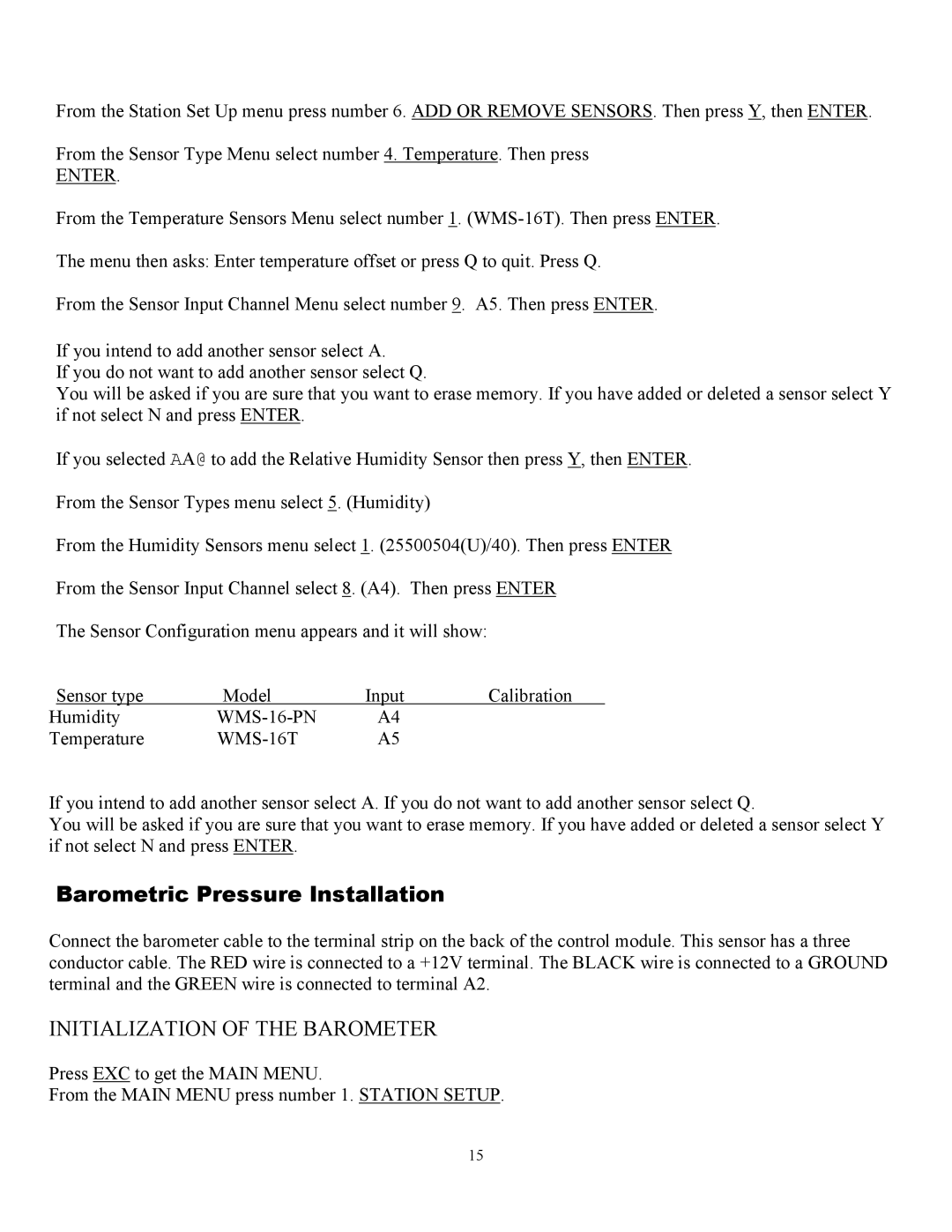 Omega manual Barometric Pressure Installation, Enter, WMS-16-PN, WMS-16T 