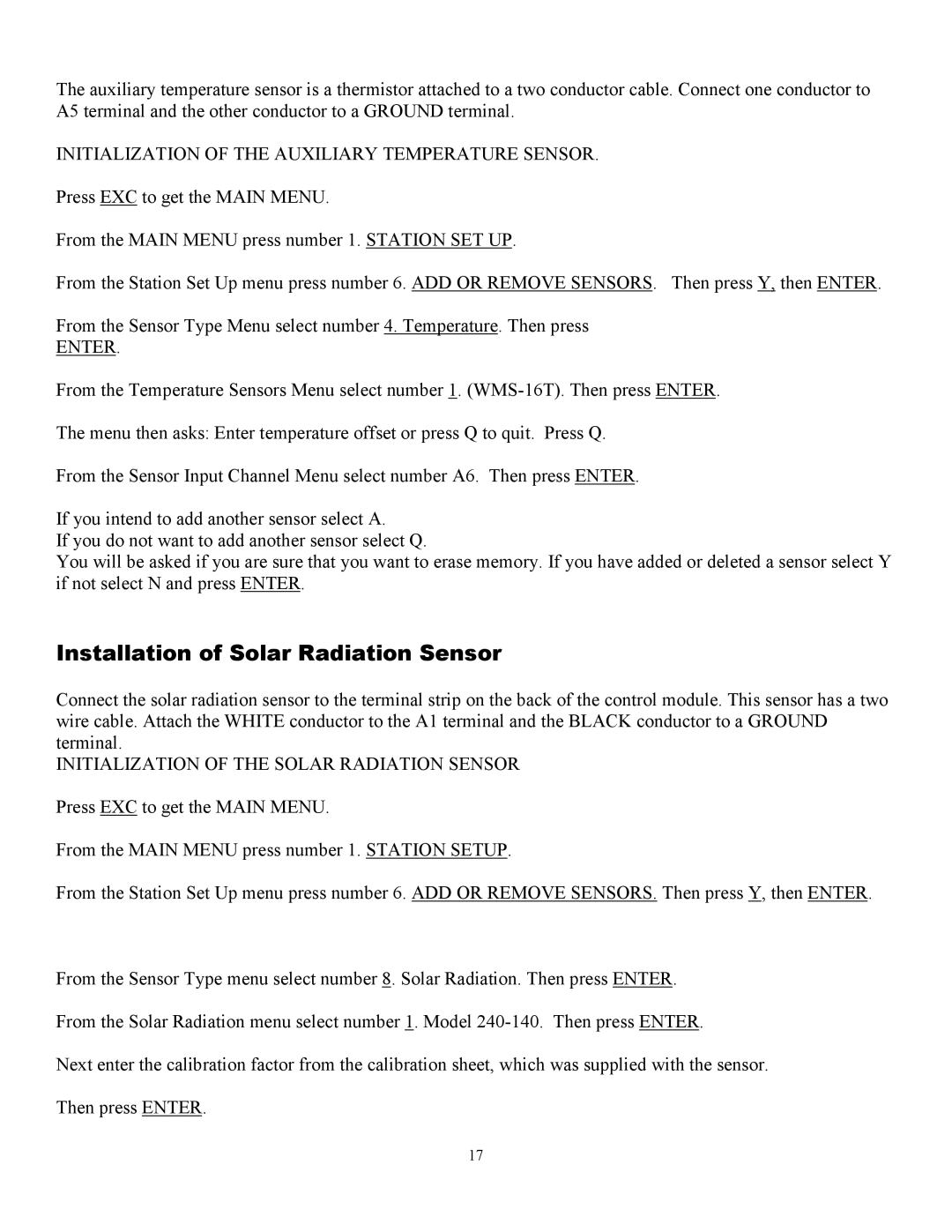 Omega WMS-16 manual Installation of Solar Radiation Sensor, Initialization of the Solar Radiation Sensor 