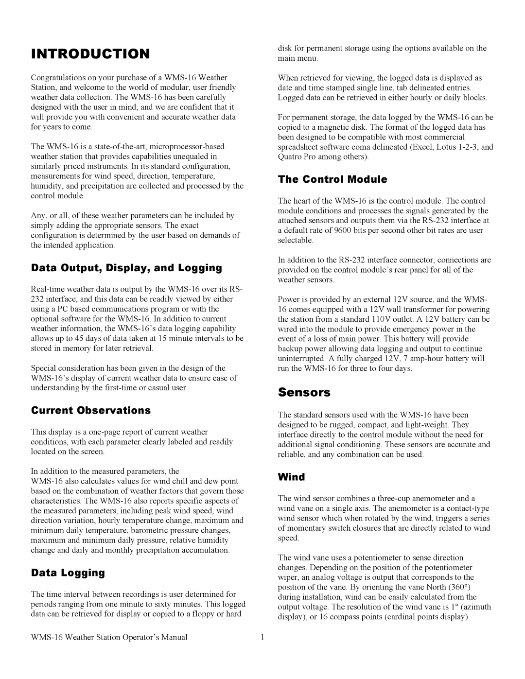 Omega WMS-16 manual Introduction, Sensors 