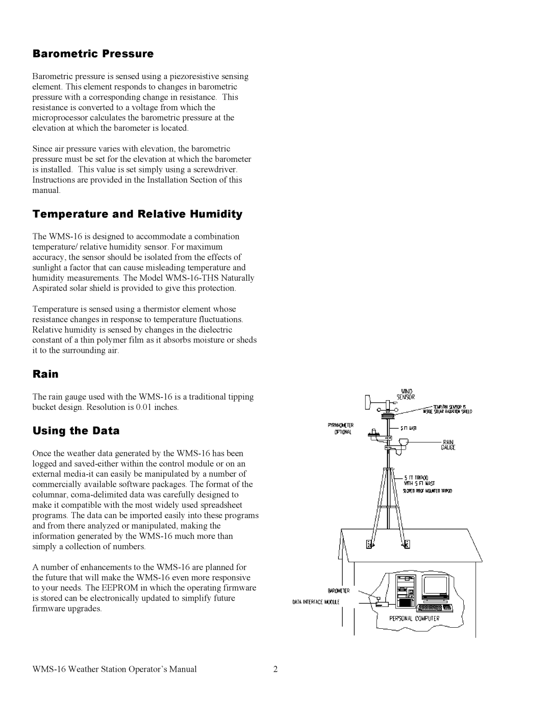 Omega WMS-16 manual Barometric Pressure, Temperature and Relative Humidity, Rain, Using the Data 