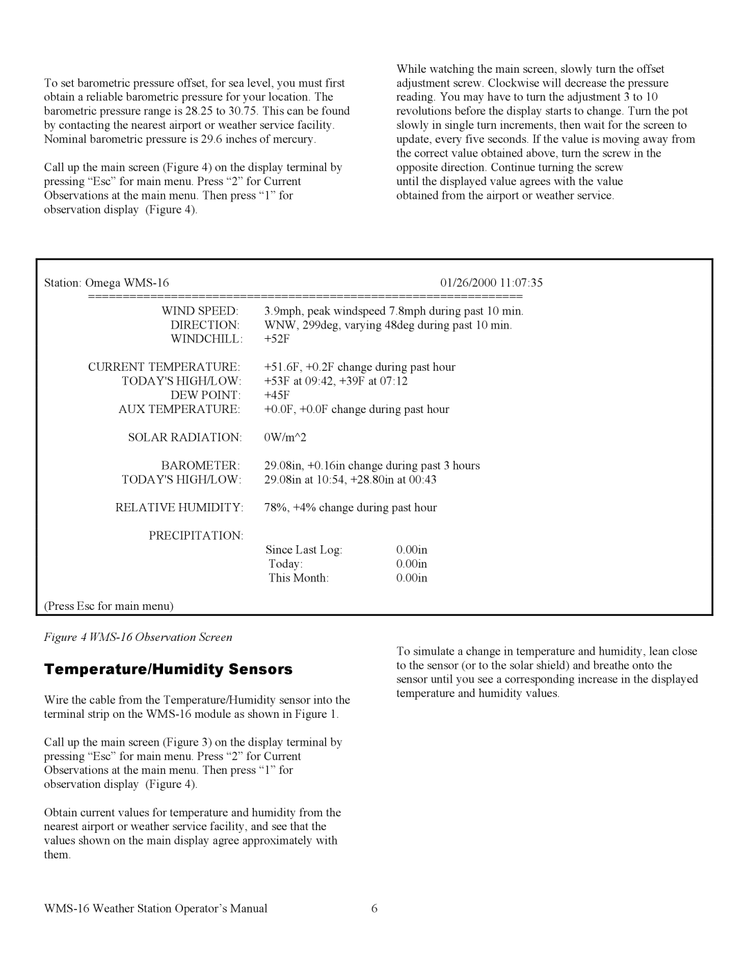 Omega manual Temperature/Humidity Sensors, WMS-16 Observation Screen 