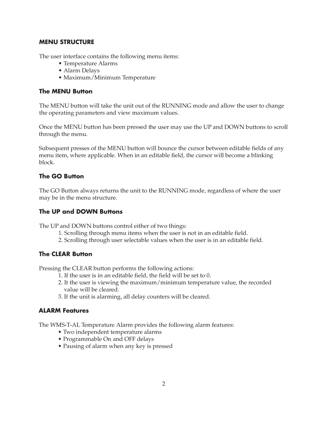 Omega WMS-T-AL manual Menu Structure 