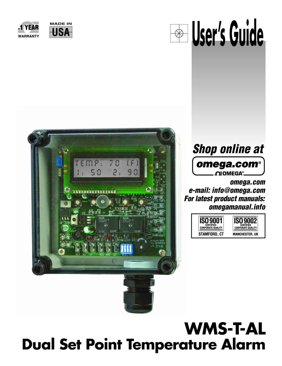 Omega WMS-T-AL manual User’s Guide, Wms-T-Al, Dual Set Point Temperature Alarm, Shop online at, Made In 