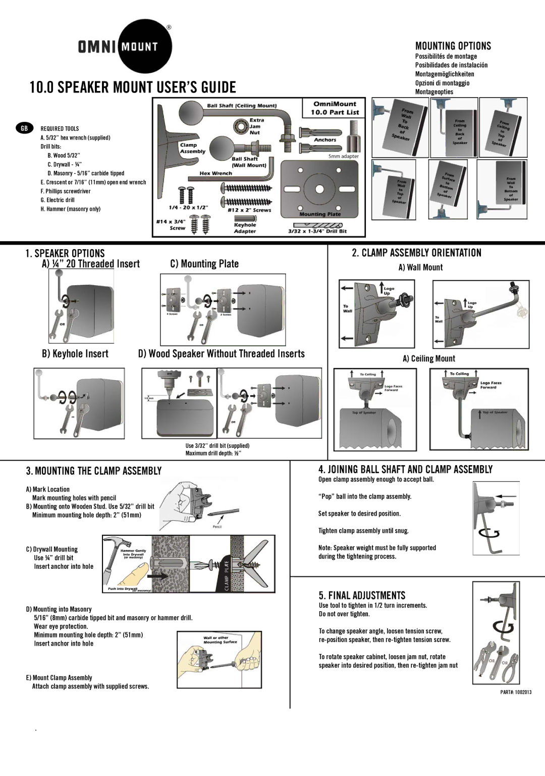 Omnimount 10.0 WALL/CEILING B manual Mounting Options, Speaker Options, Clamp Assembly Orientation, Final Adjustments 