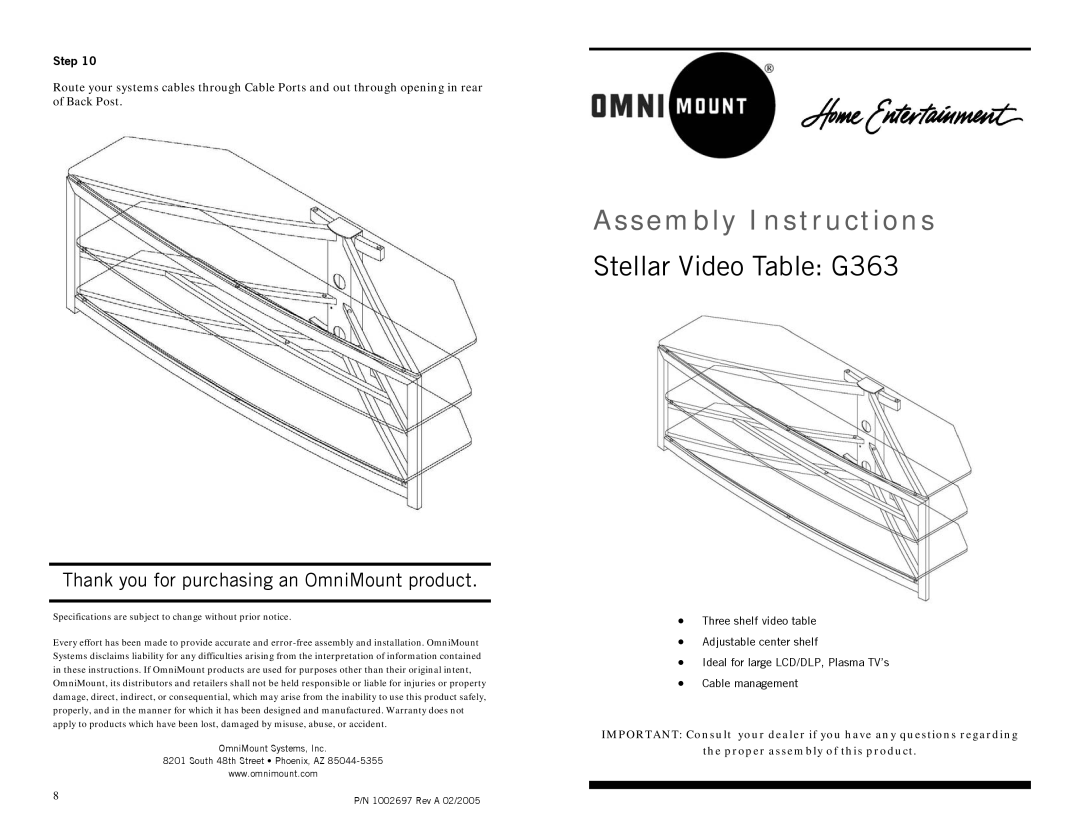 Omnimount G363, 1002697 specifications Thank you for purchasing an OmniMount product, Step 