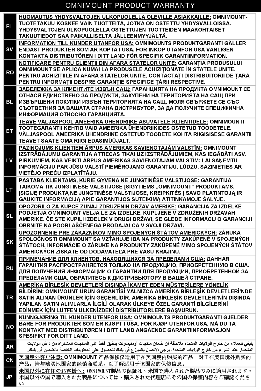 Omnimount ECHOA3, 10270 instruction manual 产品，请与购买地国家的经销商联系，以了解适用于该国家的保修信息。 