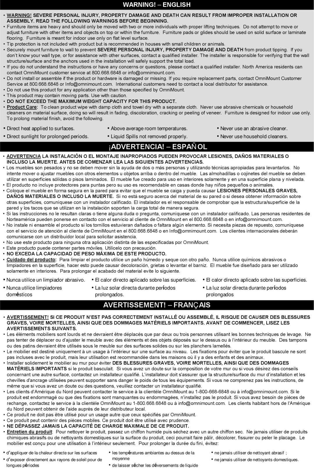 Omnimount 10270, ECHOA3 instruction manual ¡Advertencia! - Español, Avertissement! - Français, Warning! - English 