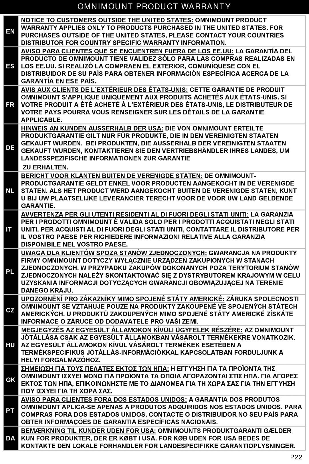 Omnimount 10270, ECHOA3 instruction manual Omnimount Product Warranty, Garantía En Ese País 