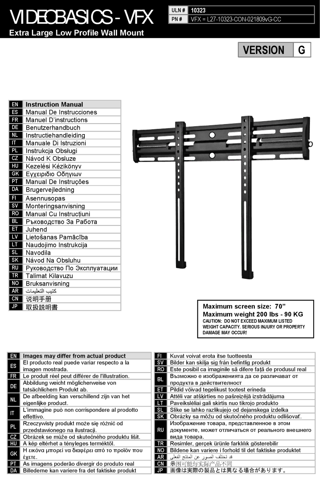 Omnimount VIDEOBASICS-VFX, 10323 instruction manual Extra Large Low Profile Wall Mount, Pn # 