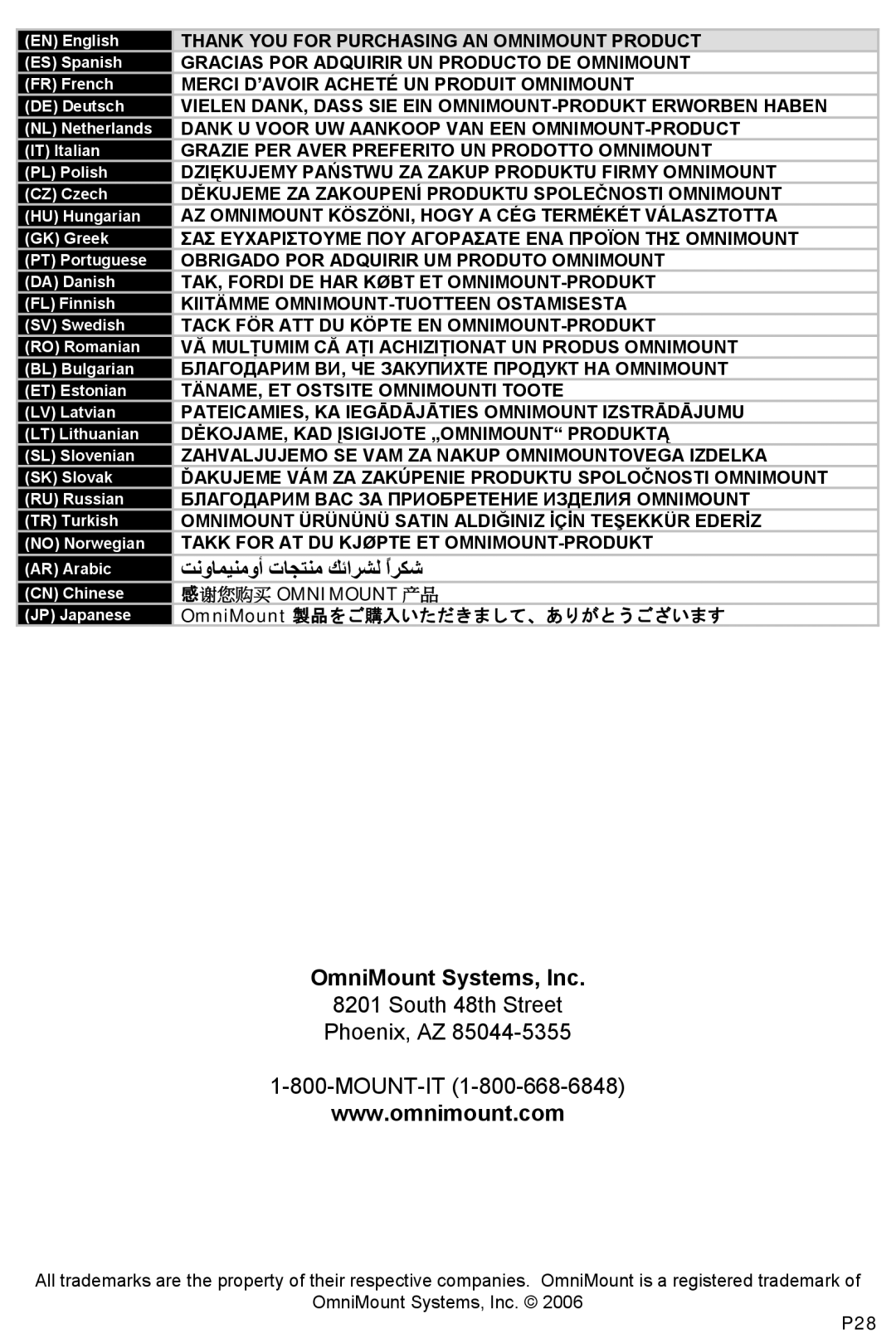 Omnimount 10323, VIDEOBASICS-VFX instruction manual OmniMount Systems, Inc, South 48th Street Phoenix, AZ MOUNT-IT 