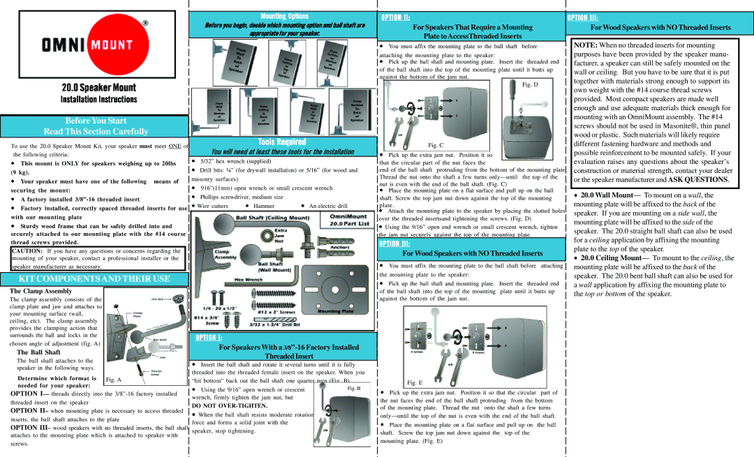 Omnimount 20.0 installation instructions Option, For Wood Speakers with no Threaded Inserts 