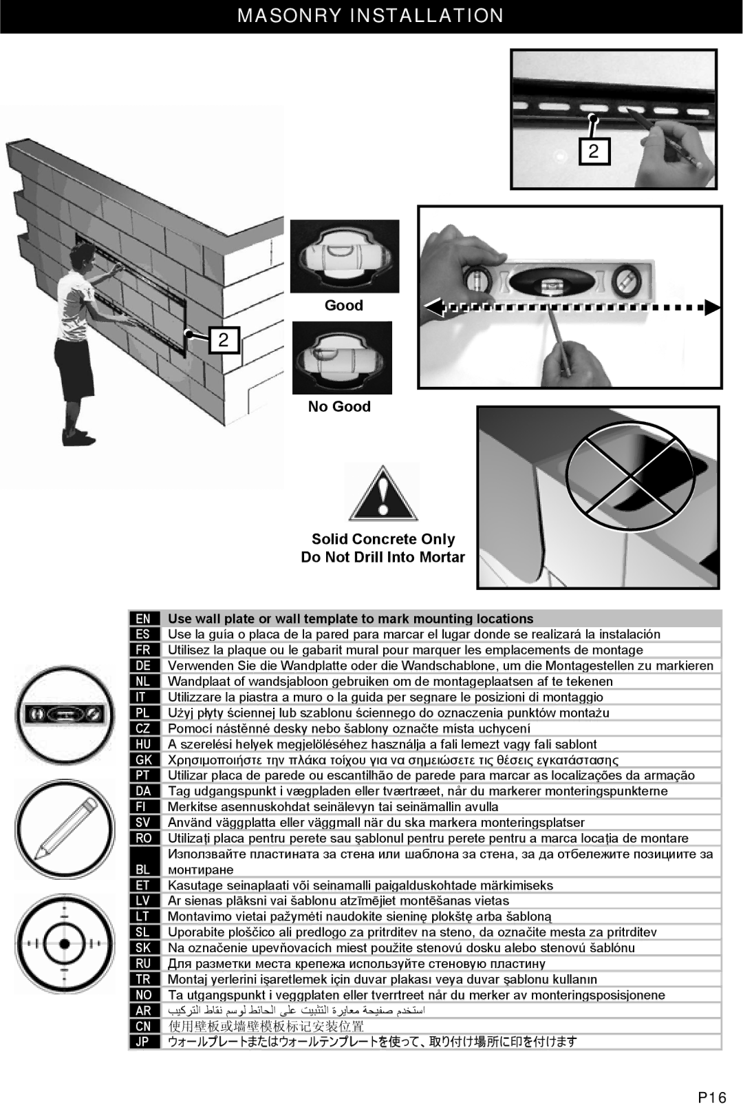 Omnimount 2N1-M instruction manual Masonry Installation, Do Not Drill Into Mortar 