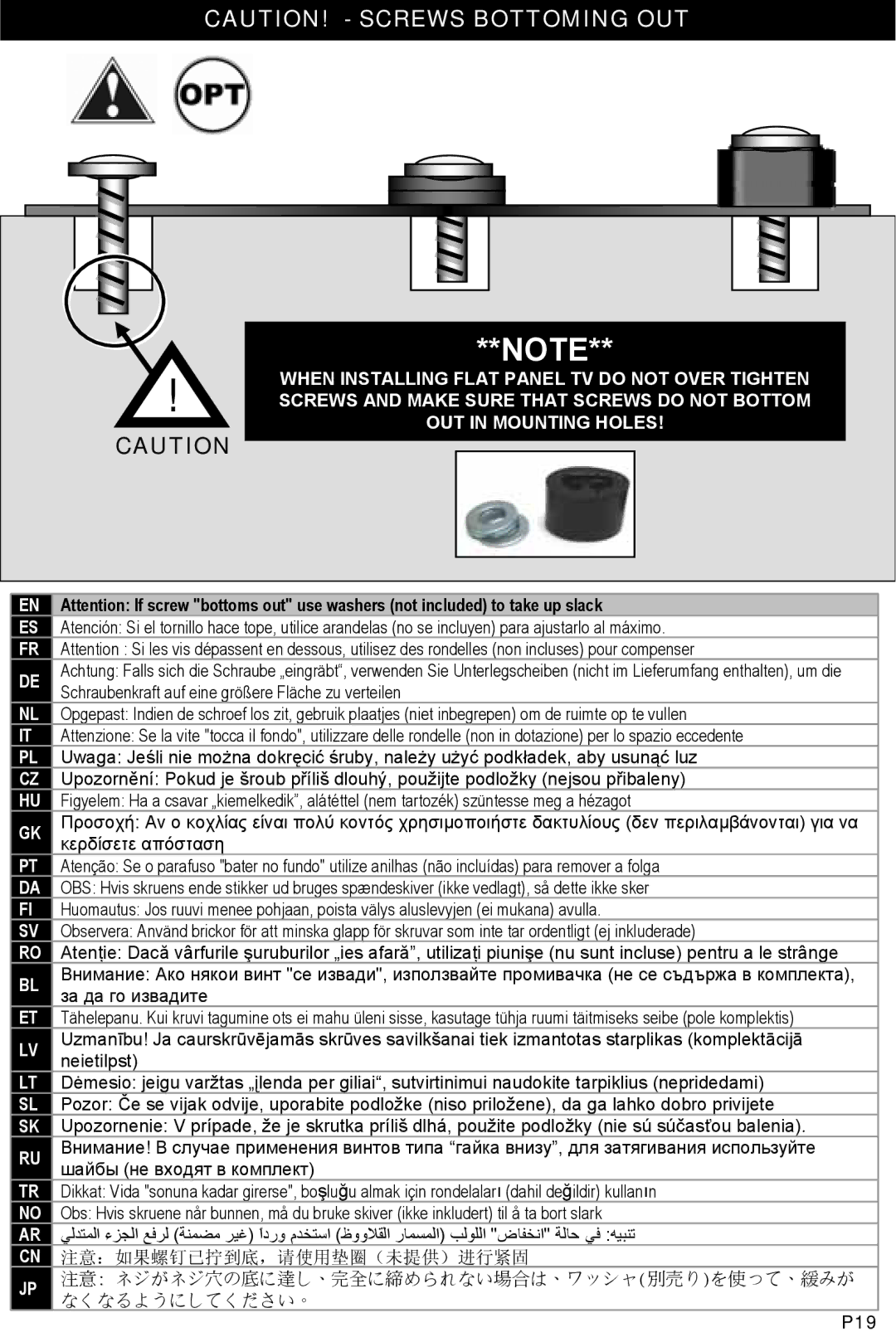 Omnimount 2N1-M instruction manual 注意：如果螺钉已拧到底，请使用垫圈（未提供）进行紧固 