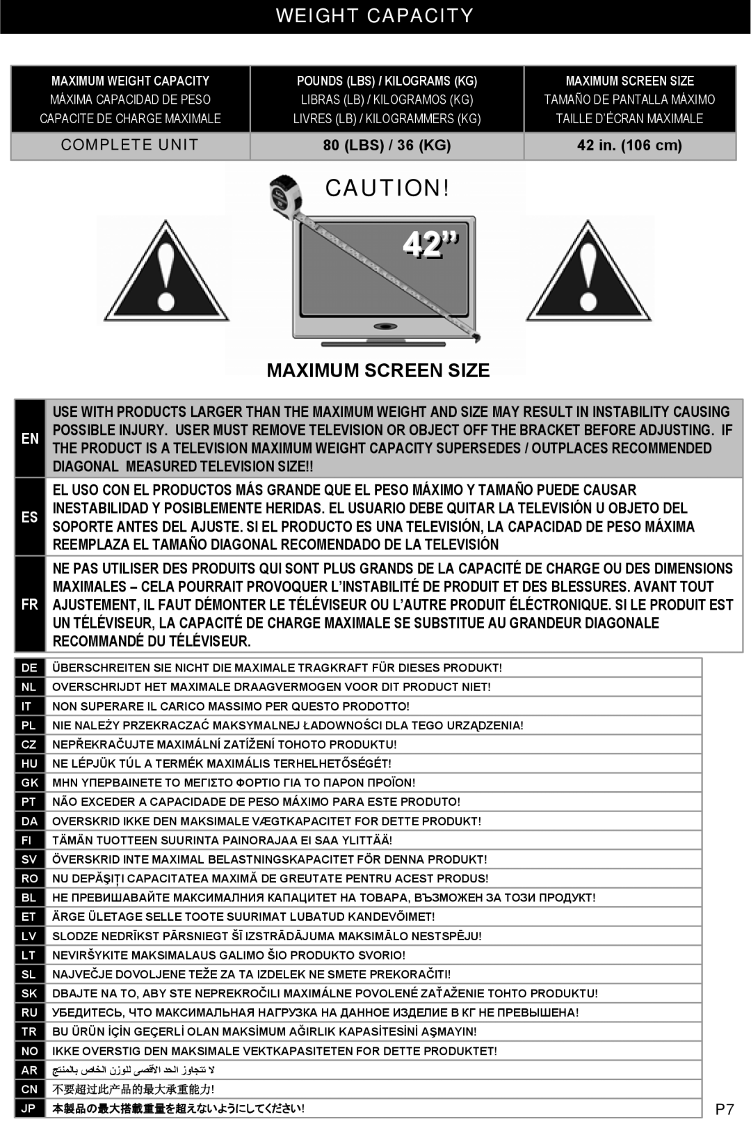 Omnimount 2N1-M instruction manual Weight Capacity, Maximum Screen Size 