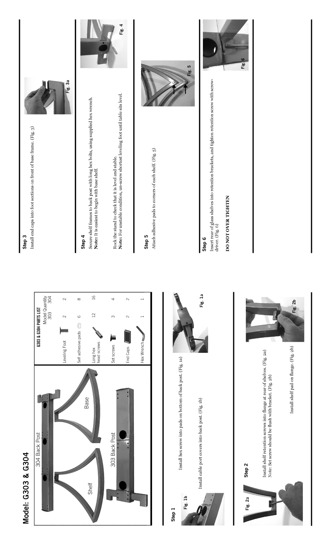 Omnimount specifications Model G303 & G304, Step, Install hex screw into pads on bottom of back post. a 