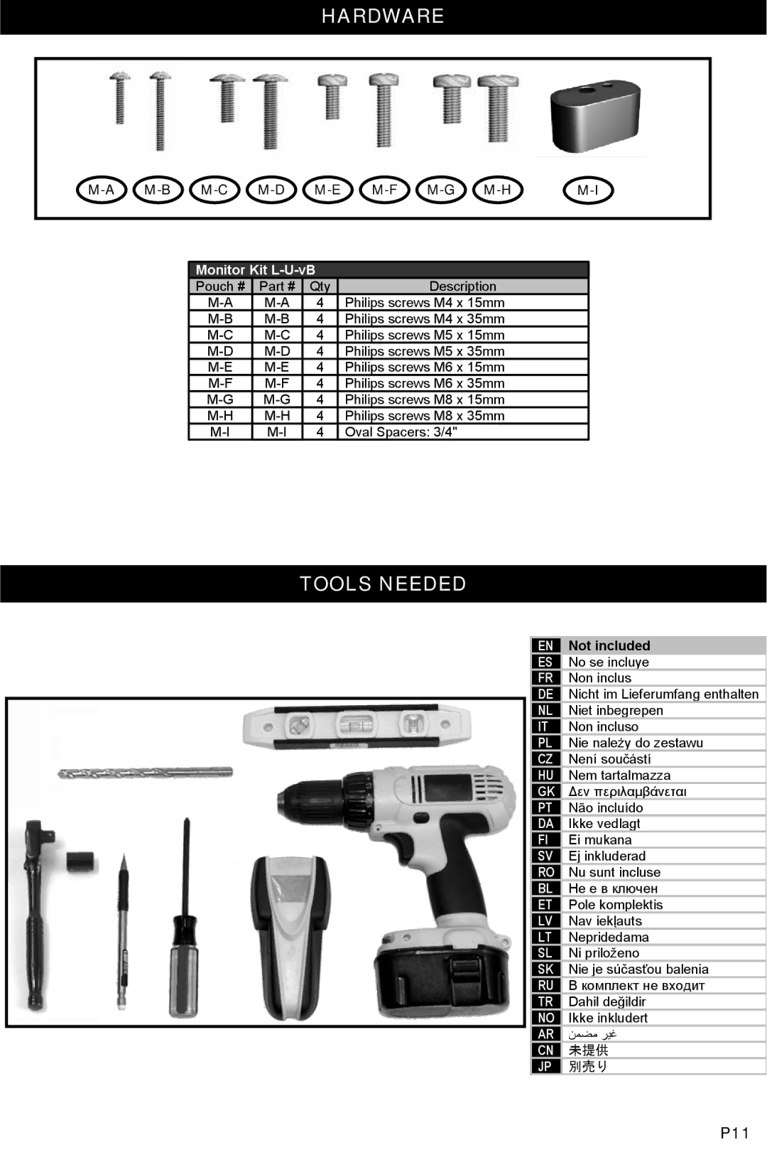 Omnimount OM10332, 4N1-L instruction manual Hardware, Tools Needed, 未提供, 別売り 