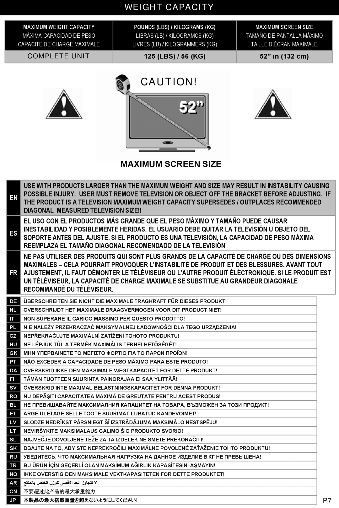 Omnimount OM10332, 4N1-L instruction manual Weight Capacity, Maximum Screen Size 