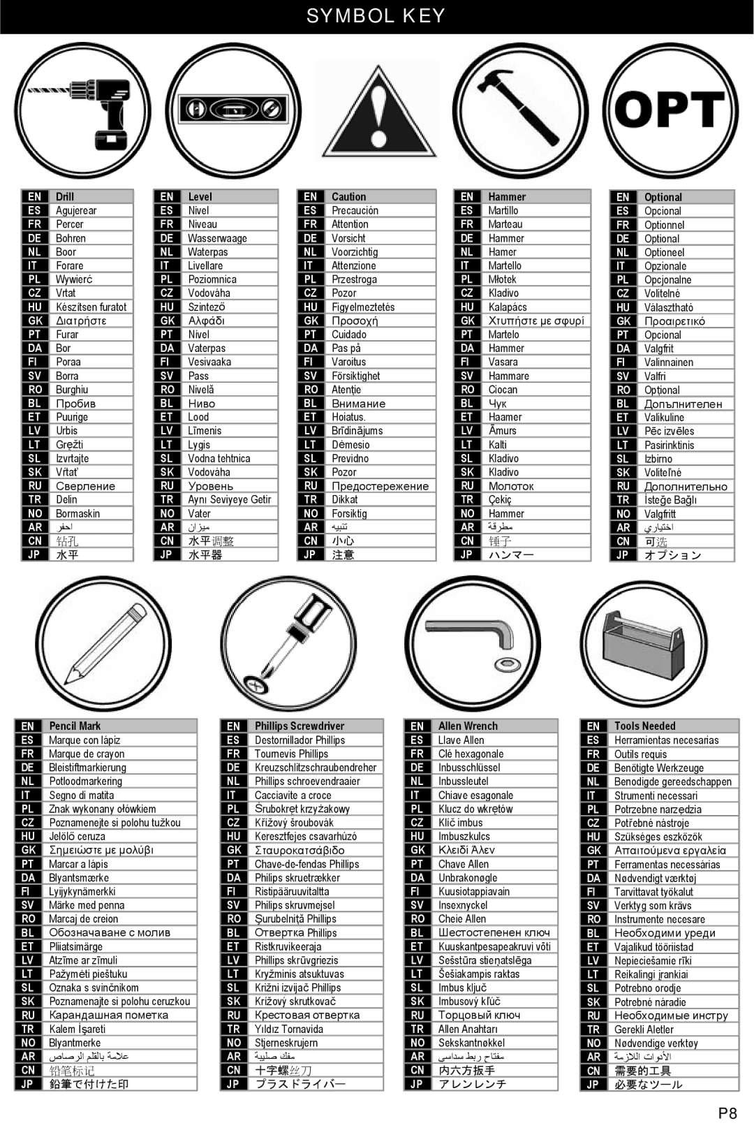 Omnimount 4N1-S, OM10326 manual Symbol KEY, 水平 调整 水平器 ハンマー オプション 