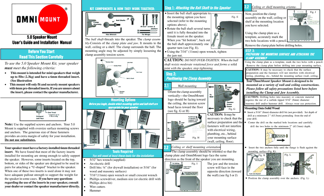 Omnimount 5.0 W/C installation manual Step Positioning the Clamp Assembly, Mounting Options, Tools Required 