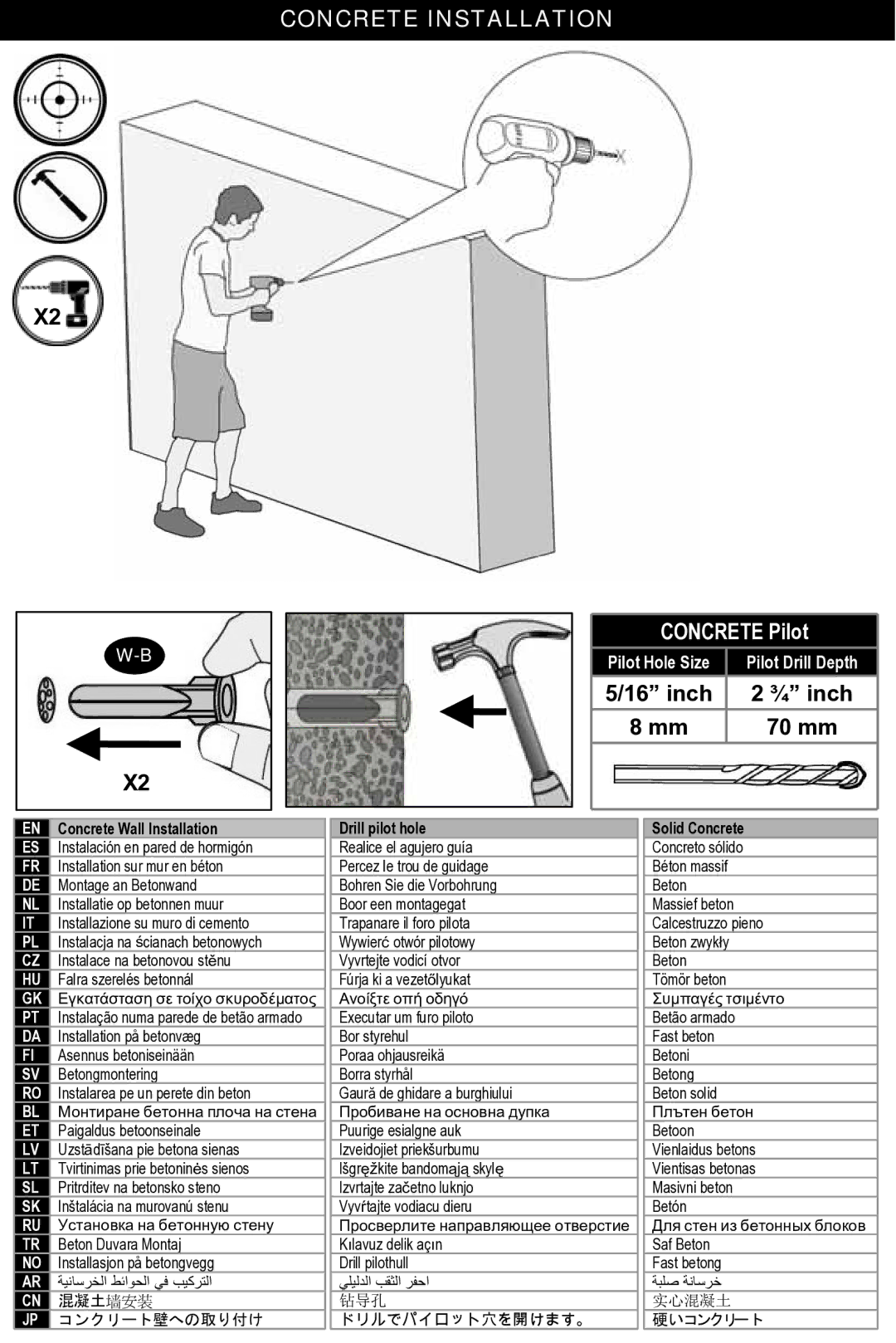 Omnimount 100-CL, 75-CL, OM10027 manual Concrete Pilot, Solid Concrete 