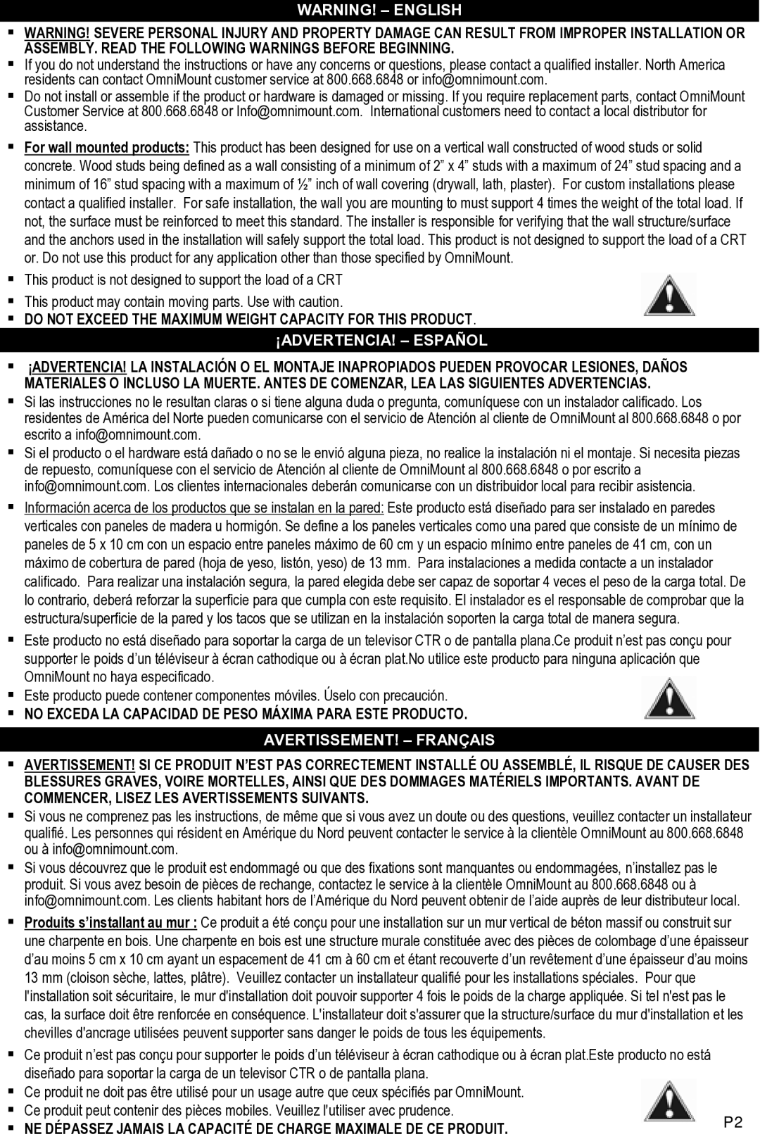 Omnimount 100-CL, 75-CL, OM10027 manual ¡ADVERTENCIA! Español 