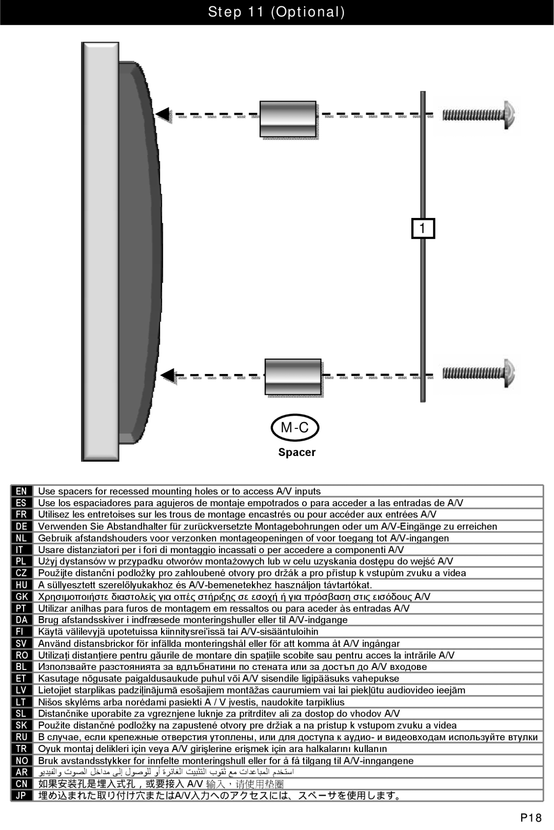 Omnimount 75-FD, OM10032, 100-FD manual Optional, Spacer, P18 