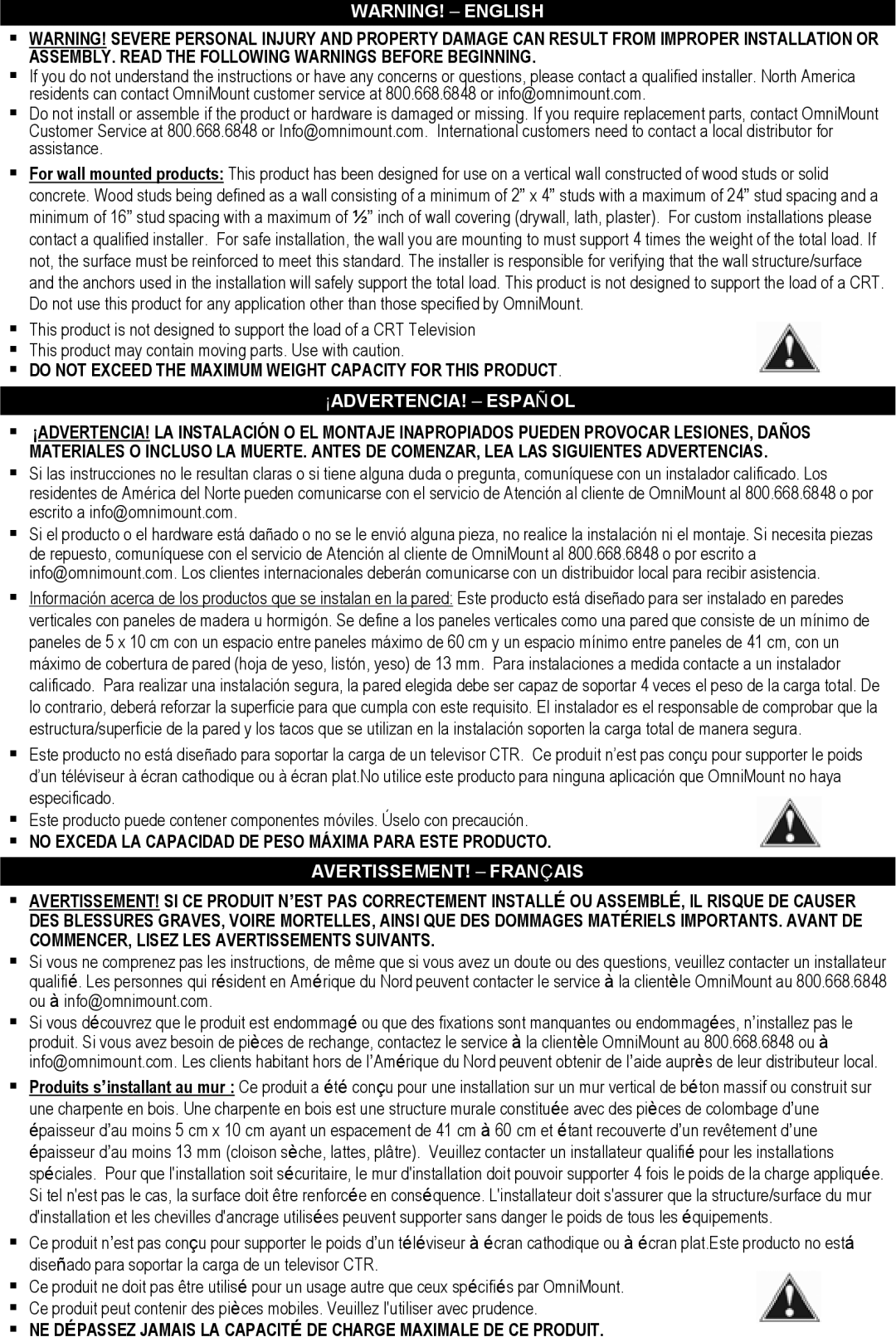 Omnimount 100-FD, 75-FD, OM10032 manual ¡ADVERTENCIA! Español 