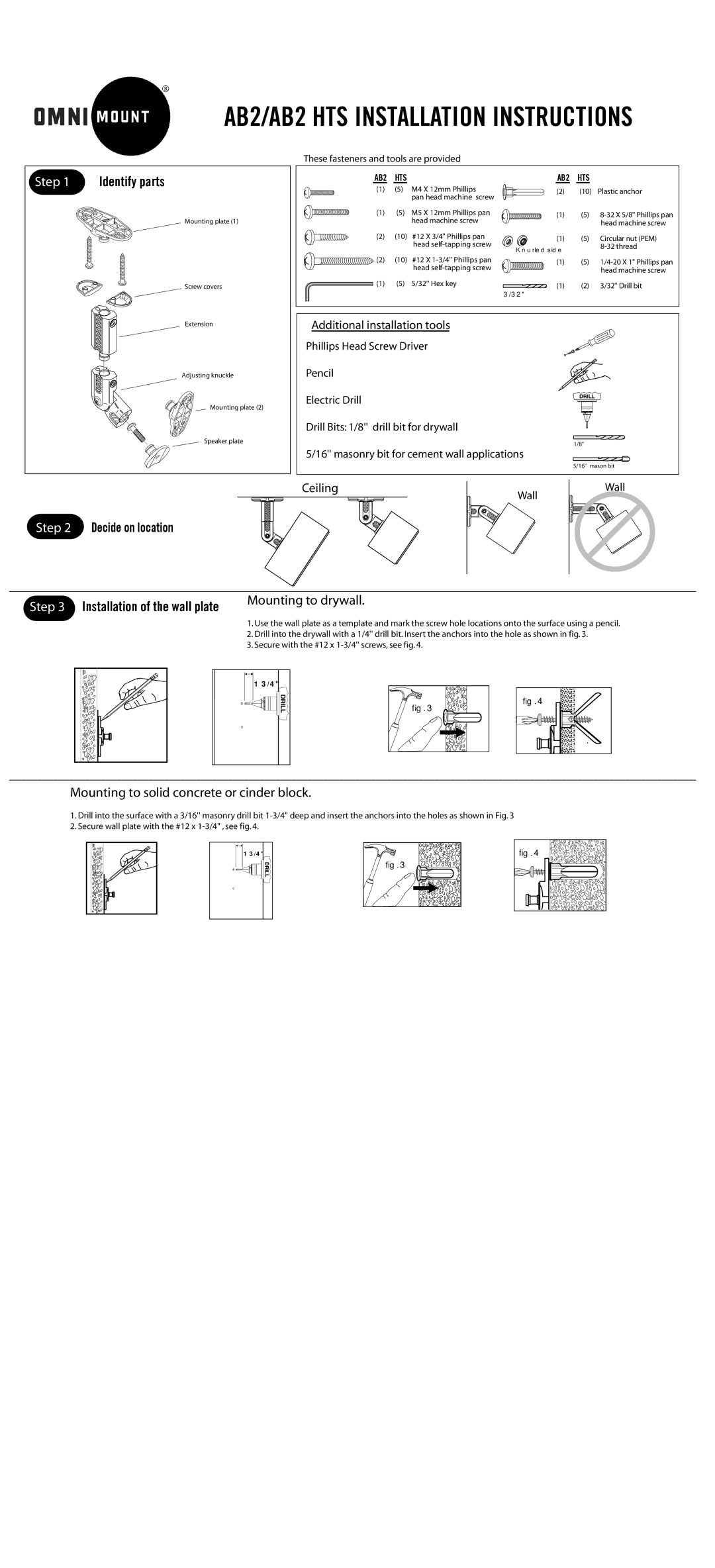 Omnimount AB2 HTS installation instructions Identify parts, Decide on location, Installation of the wall plate 