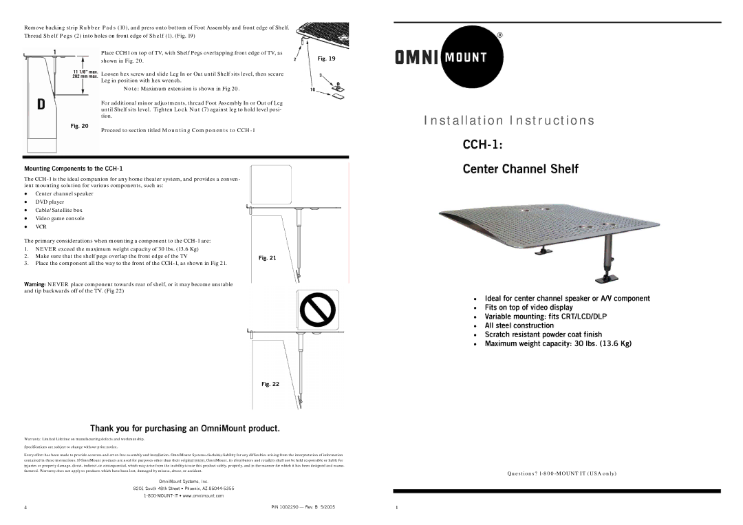 Omnimount 1002290 installation instructions Mounting Components to the CCH-1, Vcr 