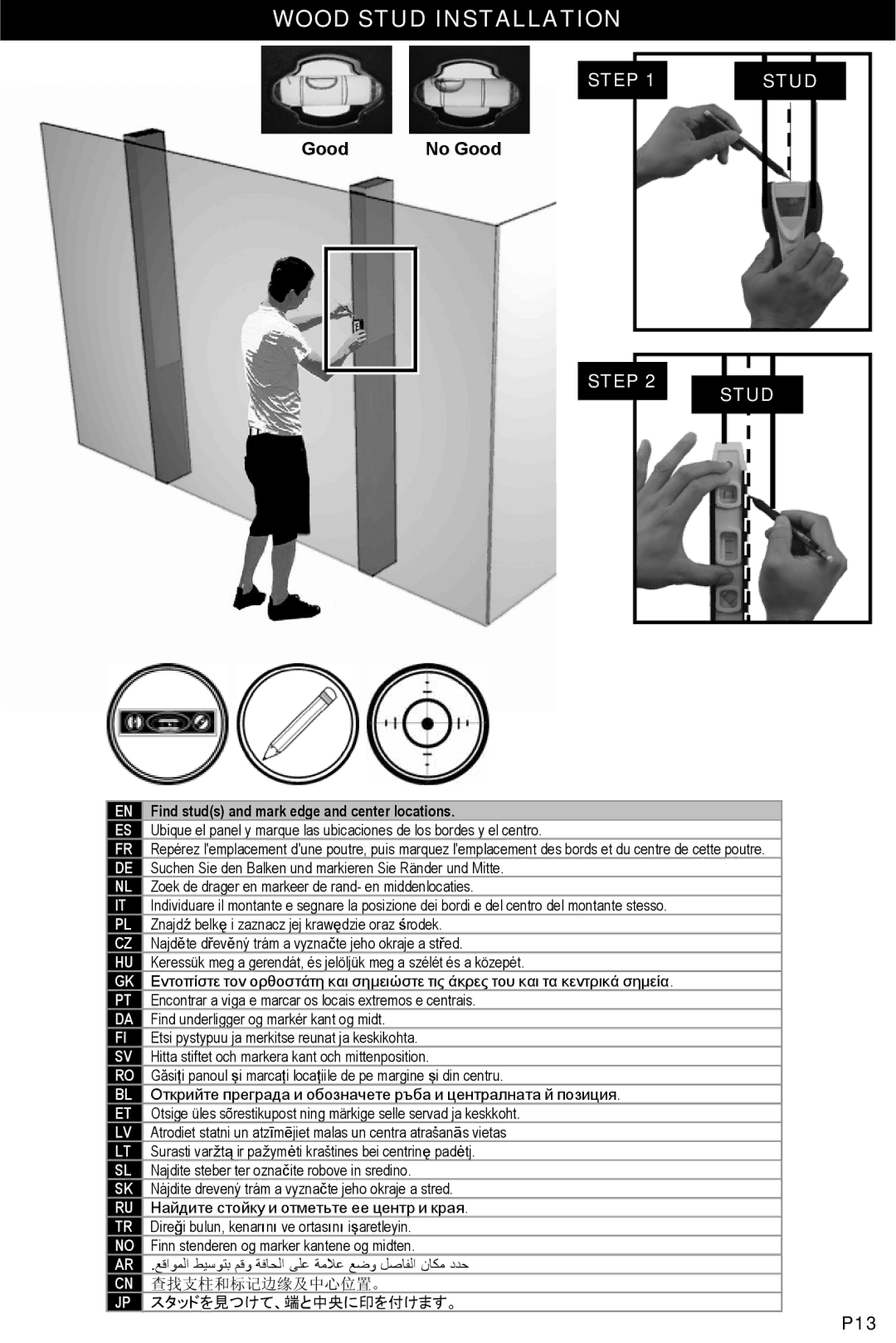 Omnimount OM10033, CL-S instruction manual Wood Stud Installation, Good, P13, Find studs and mark edge and center locations 