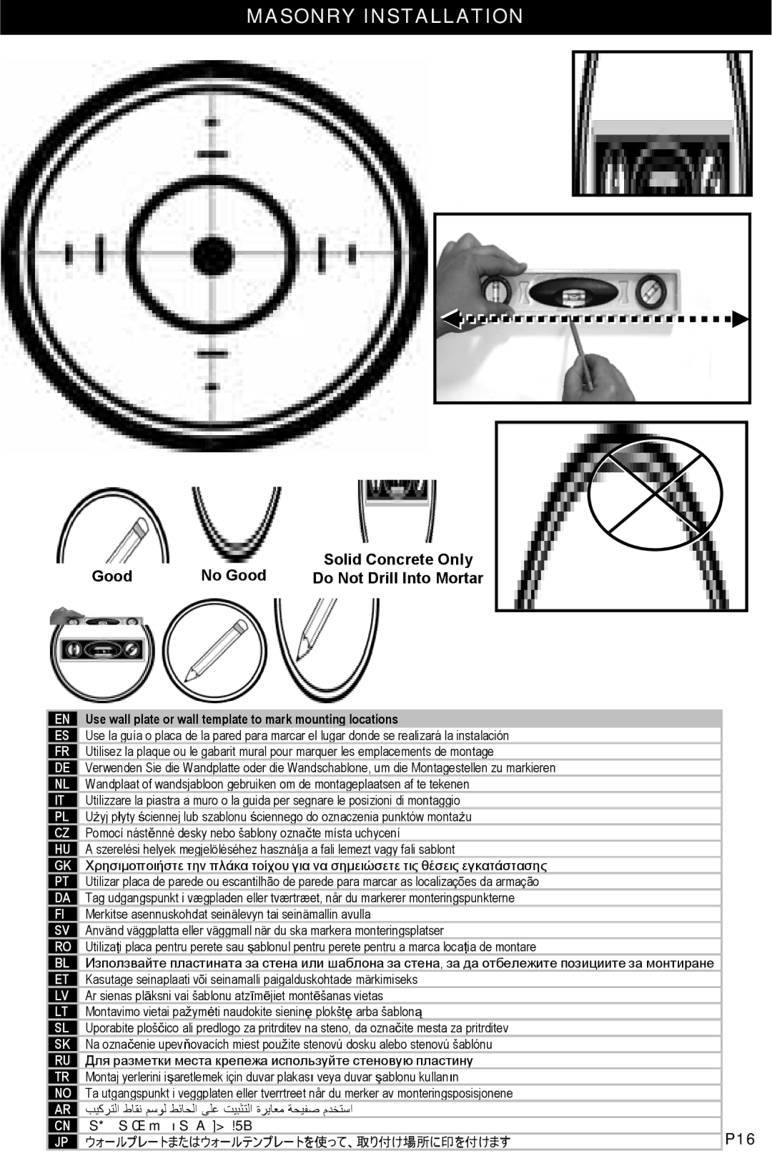 Omnimount CL-S, OM10033 instruction manual Masonry Installation, Good No Good, P16 