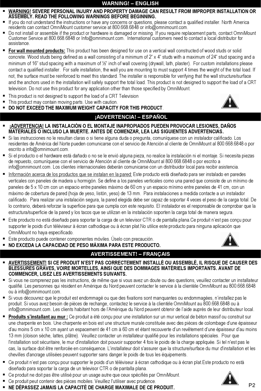 Omnimount CL-S, OM10033 instruction manual ¡ADVERTENCIA! Español 