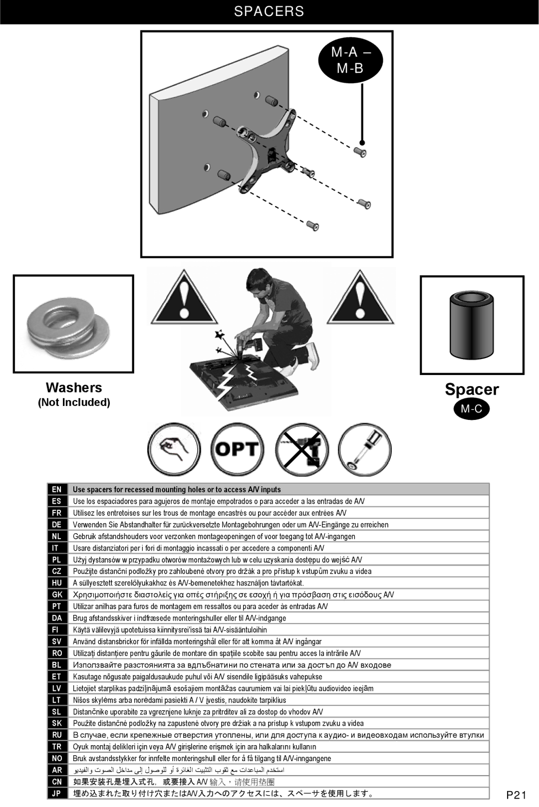 Omnimount OM10033, CL-S instruction manual Spacers, P21 