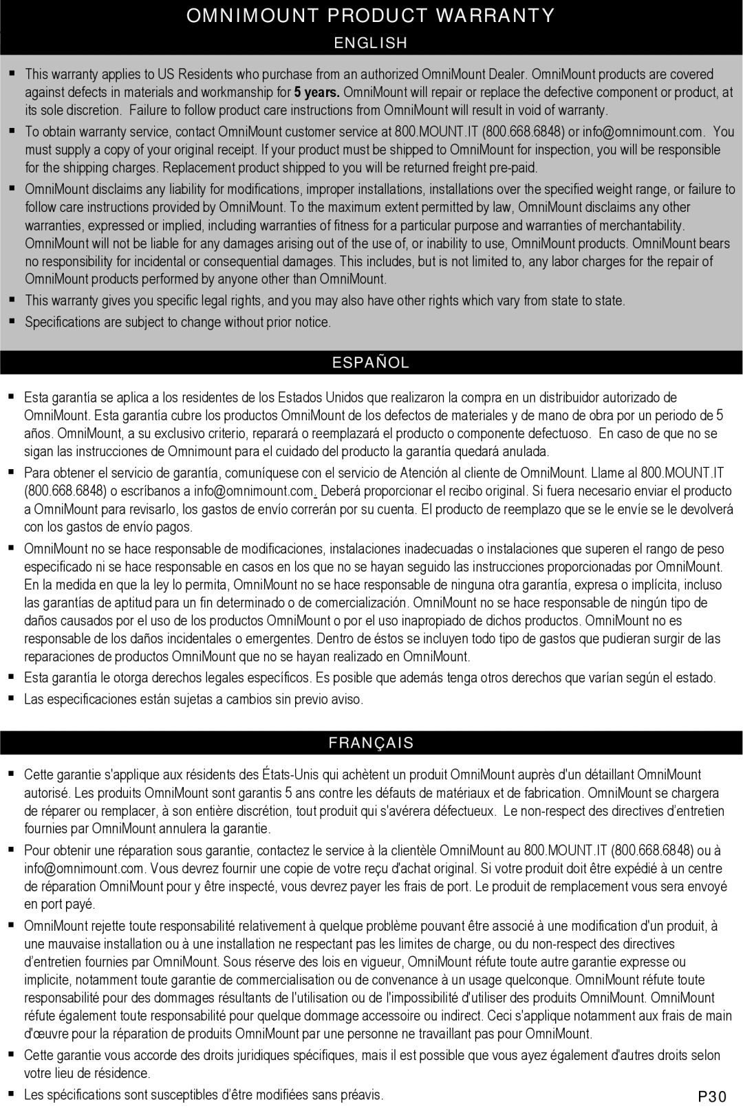 Omnimount CL-S, OM10033 instruction manual Omnimount Product Warranty, P30 