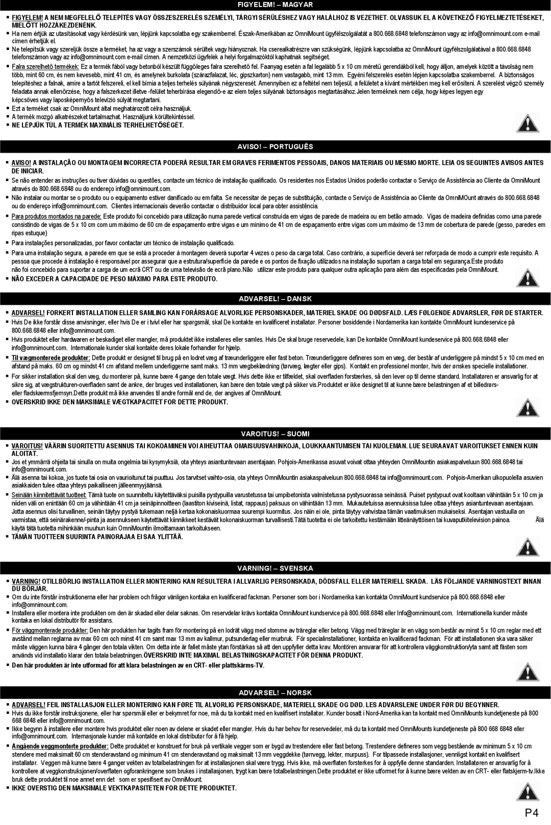 Omnimount CL-S, OM10033 instruction manual FIGYELEM! Magyar 