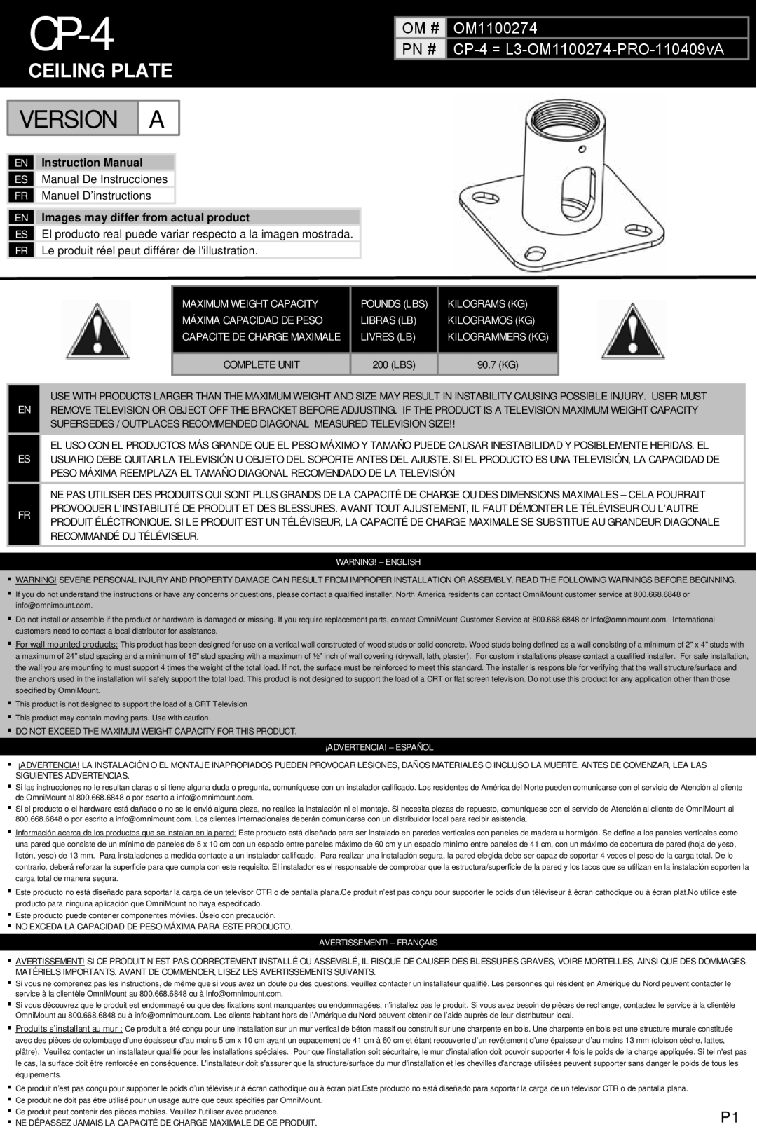 Omnimount L3-OM1100274-PRO-110409vA instruction manual CP-4, Recommandé DU Téléviseur 